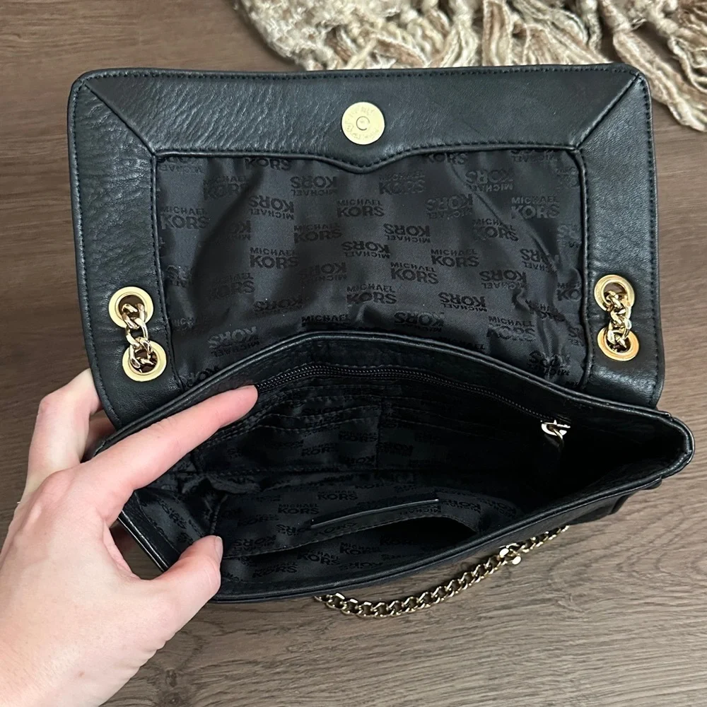 Michael Kors Black Leather Shoulder Bag with Gold Chain